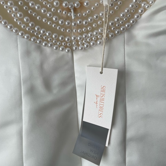 Pearl Embellished Satin Sheath White Dress - Picture 10 of 12